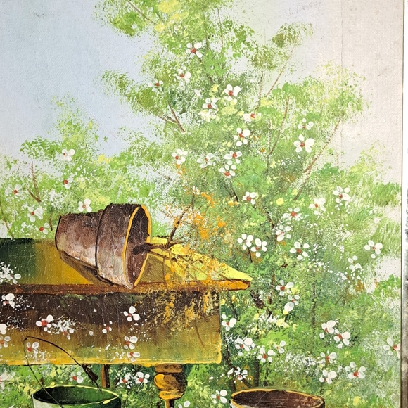 Vintage Garden Scene Wall Art with Gold Frame Signed By LINDA 12x16 - Picture 5 of 16